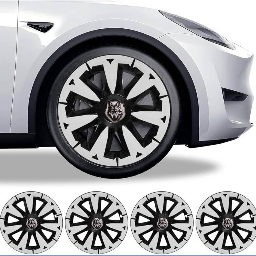Tesla Model Y Hubcaps – NEW 4pc Set (Black & White Wolf Style)